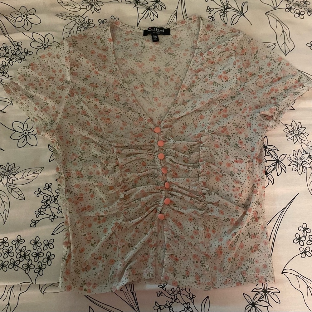Floral Sheer Ruched Blouse with Pink Buttons